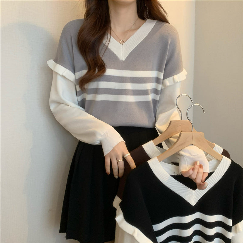 Long Sleeve Cute Ruffles Style Striped Sweater