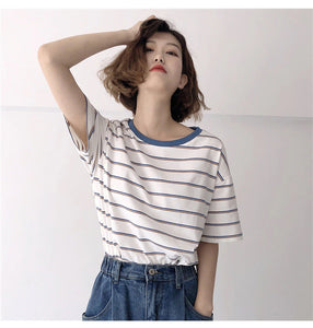 Blue Collar Inserted Color Stripes Loose Shirt