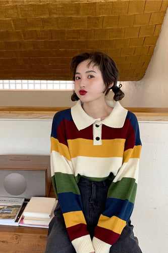 Hit Color Turn Down Collar Striped Sweater