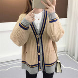 Knitted Cardigan Contrast Color V-Neck