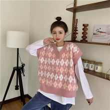 Pink Argyle Pattern V-Neck Knitted Vest Sweater