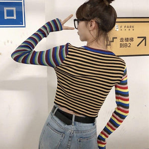 Striped Knitted Slim Crop Tops Long Sleeve Shirt
