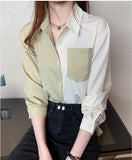 Long Sleeve 2 Colors Combination Blouse Shirt