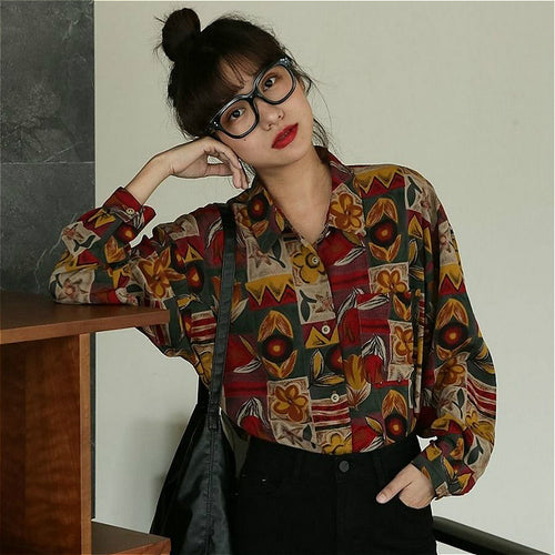 Long Sleeve Retro Flowers Blouse Shirt