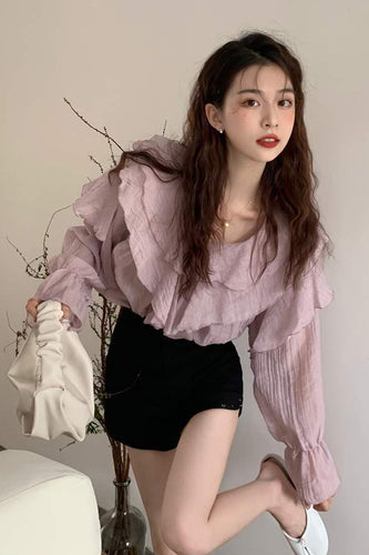 Long Sleeve Ruffles Elegant Chiffon Blouse Shirt