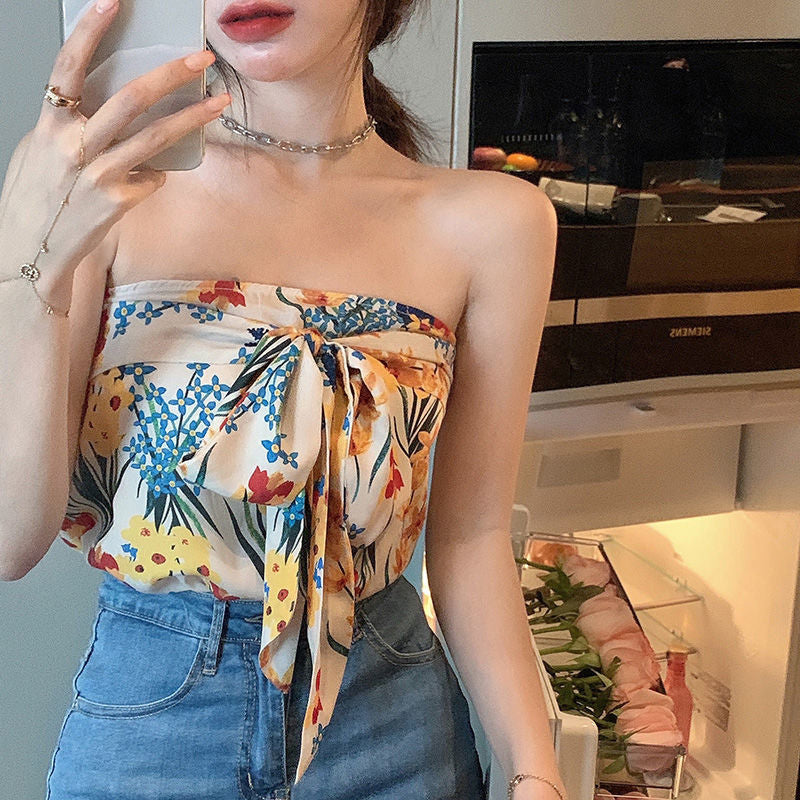 Sexy Art Printed Bow Strapless Crop Tops