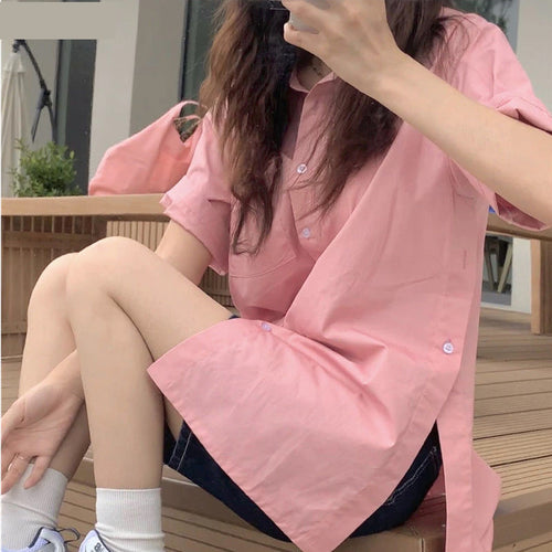 Side Slit Button Short Sleeve Blouse Shirt