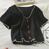 V Neck Slim Button Up Casual Knitted Cropped Shirt