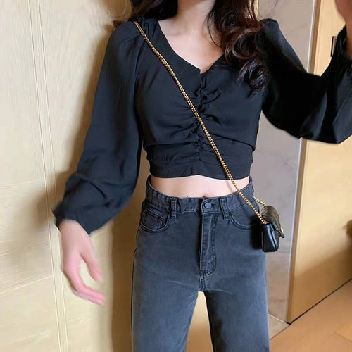 Long Sleeve Puff Sleeve V-Neck Crop Tops