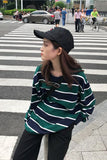 Dark Color Striped O-Neck Sweater