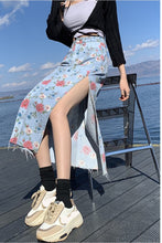 High Waist Slit Floral Printed Jeans Skirt