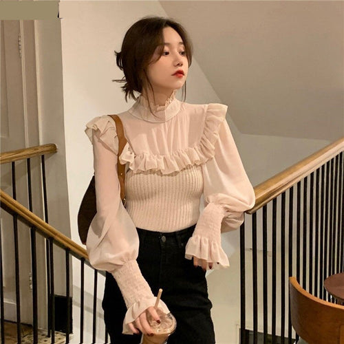 Long Sleeve Lace Stand Neck Elegant Blouse Shirt