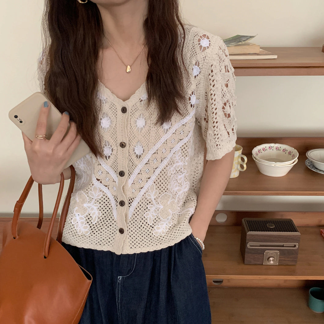 V-Neck Chic Hollow Out Short Sleeve Shirt
