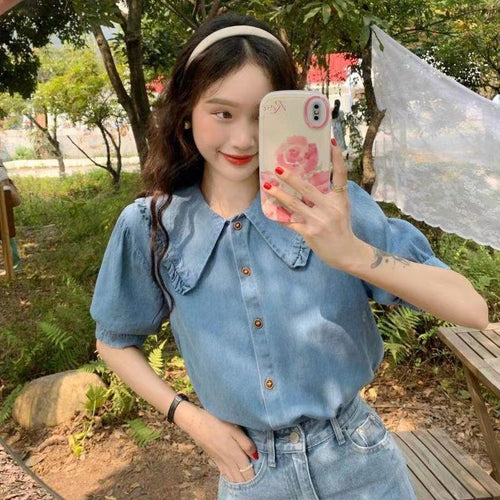 Short Sleeve Peter Pan Collar Denim Shirt