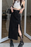 High Waist Rutched Split Long Denim Skirts