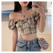 Sexy Puff Sleeve Plaid Crop Tops