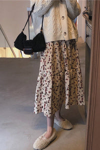 High Waist Flowers Printed Corduroy Skirt