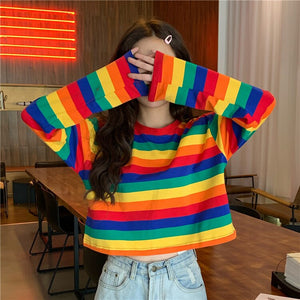 Long Sleeve Rainbow Striped Cropped Shirt