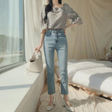 Square Collar Linen Cotton Plaid Blouse Shirt