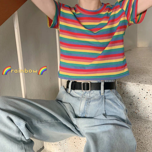 Rainbow Striped Cropped Slim Shirt