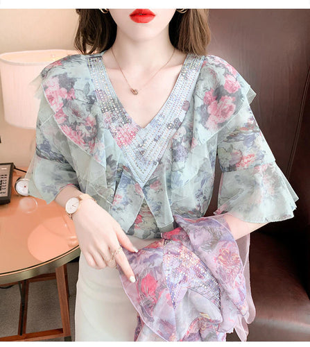 Retro V-Neck Floral Chiffon Blouse Shirt