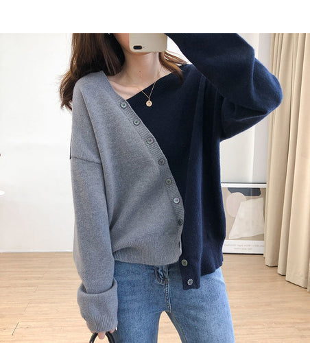 Two Colors Irregular Style Long Sleeve Sweater