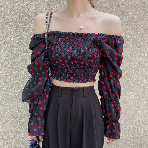 Sexy Slash Neck Strawberry Pattern Puff Sleeve Shirt