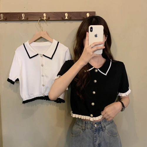 Ruffles Turn Down Collar Cropped Shirt