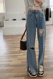 Heart Shaped Hole Wide Leg Denim Pants