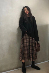 High Waist Brown Plaid Midi Skirt