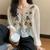 V-Neck Floral Knitted Stitching Chiffon Blouse Shirt