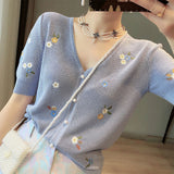 Short Sleeve Floral Embroidery Thin Knitted Cardigans Sweater