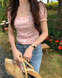 Florals Printed Square Collar Slim Shirt