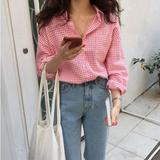 Pink Plaid Casual Blouse Long Sleeve Shirt
