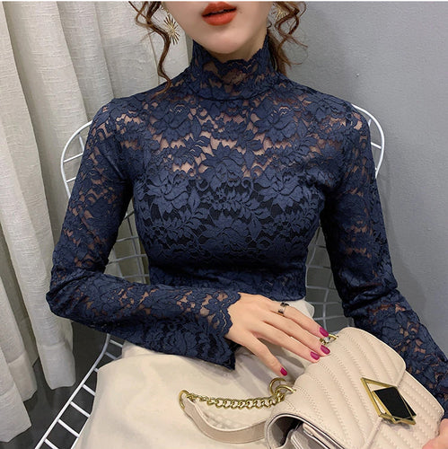 Turtleneck Stretchy Hollow Out Lace Tops