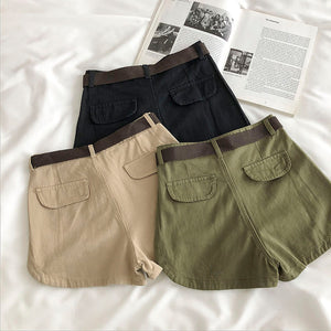 High Waist Belted Double Front Pocket Shorts