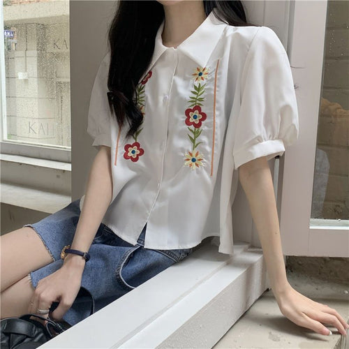 Short Sleeve Floral Embroidery Blouse Shirt