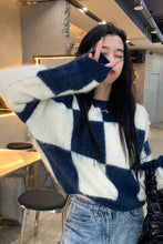 Blue Checkered Pattern Casual Sweater