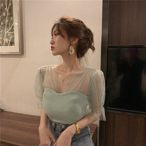 Sexy Puff Sleeve Mesh Transparent Knitting Shirt