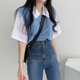 Fake Two Piece Loose Polo Collar Shirt