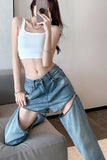 Zipped Hollow Out Denim Jeans Pants 