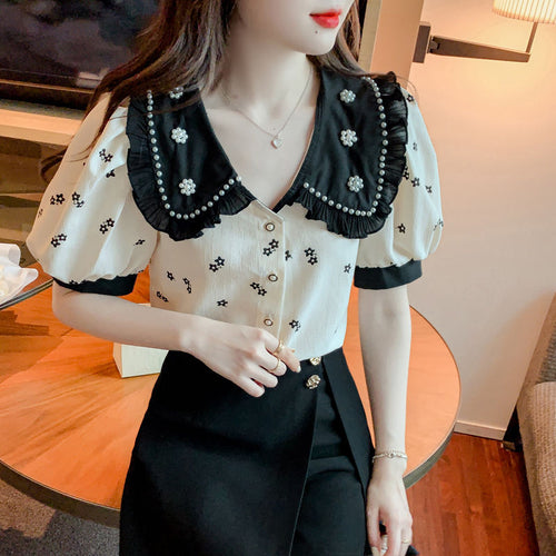 Daisy Pattern Retro Collar Blouse Shirt