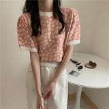 Puff Sleeve Daisy Pattern O-Neck Knitted Shirt