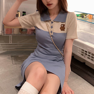 Bear Embroidered Bodycon Polo Collar Slim Dress