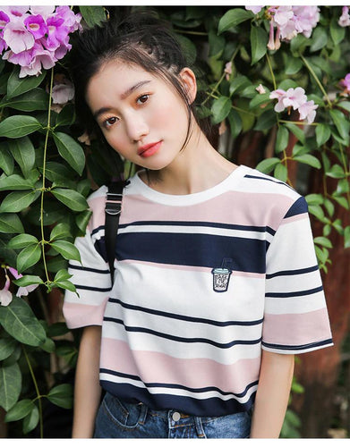 Drink Cup Embroidered Candy Striped Color Shirt