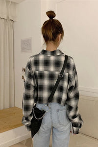 Long Sleeve Sexy Plaid Cropped Shirt