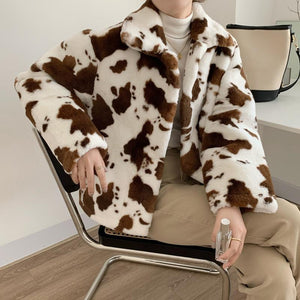Retro Cow Pattern Stand Collar Winter Coat Jacket