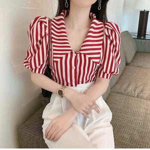 Puff Sleeve Red Striped Vintage Blouse Shirt