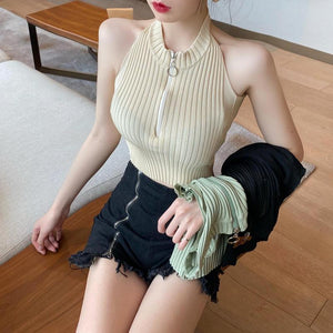 Sexy Sleeveless Knitted Zipper Crop Tops