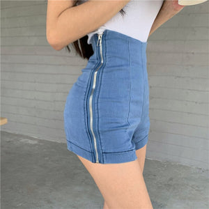 High Waist Solid Side Zipper Denim Shorts
